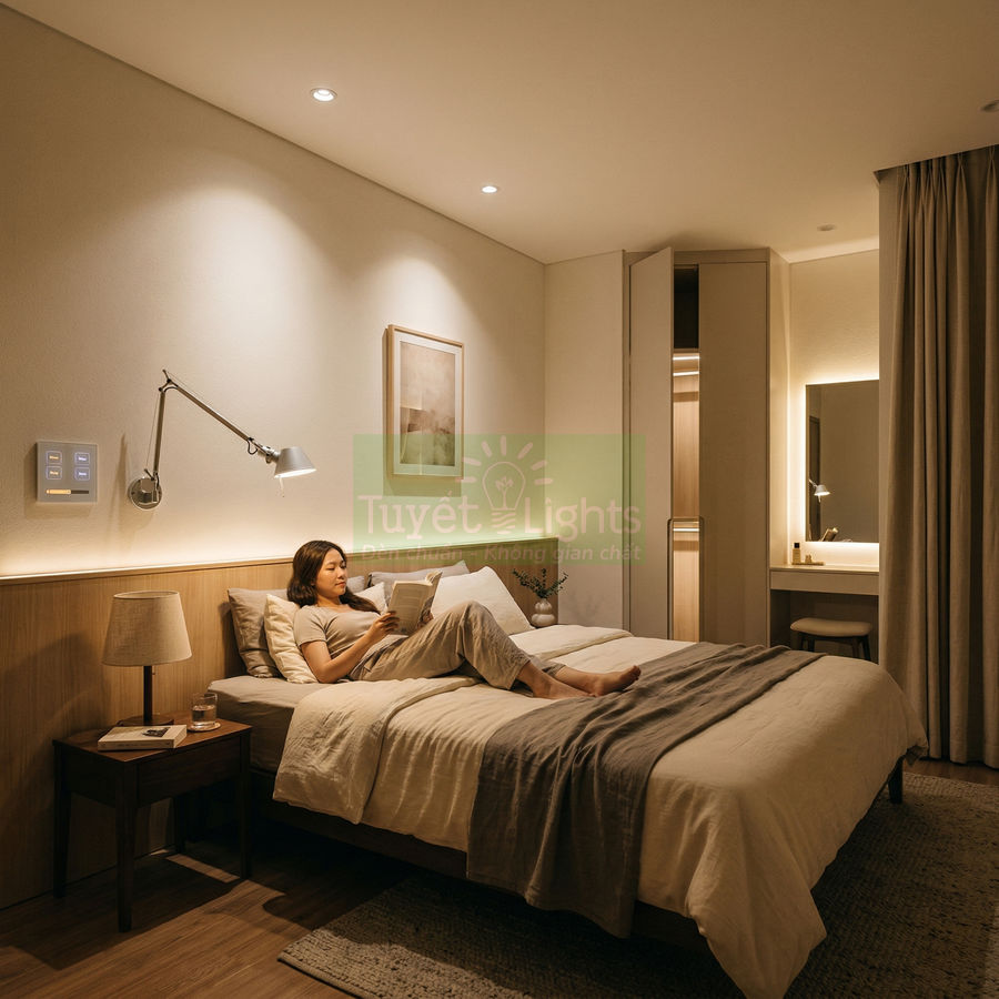 Đèn ngủ và đèn đọc sách Tuyết Lights chiếu sáng phòng ngủ hiện đại có người phụ nữ đọc sách trên giường