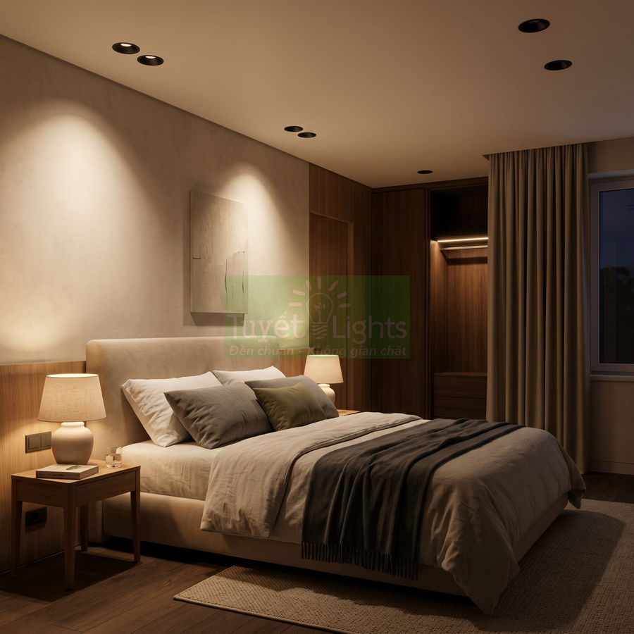 Đèn âm trần Tuyết Lights chiếu sáng phòng ngủ hiện đại với giường đôi và nội thất gỗ ấm cúng