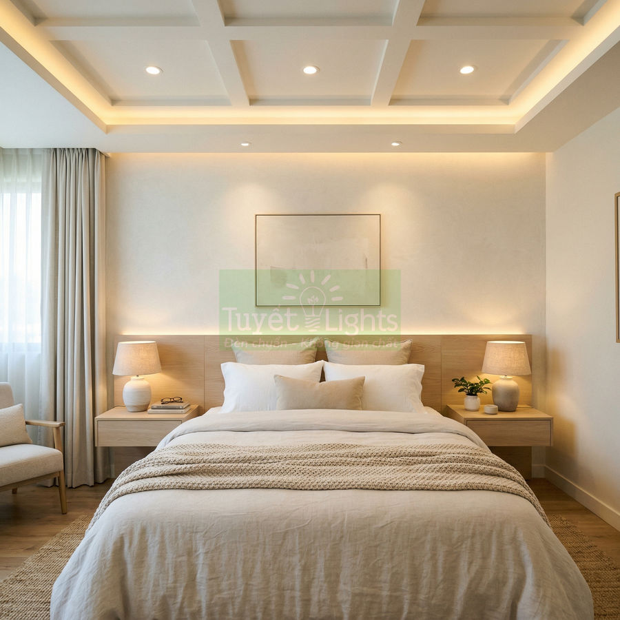 Đèn led âm trần Tuyết Lights chiếu sáng phòng ngủ hiện đại với trần giật cấp và ánh sáng vàng ấm