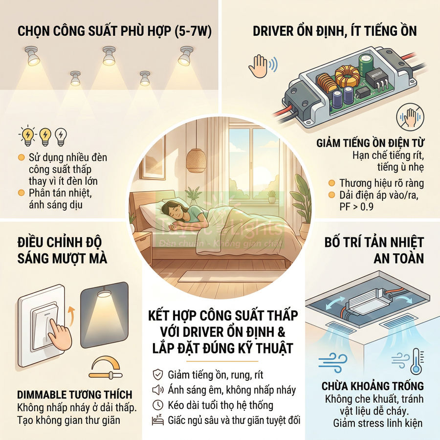 Hướng dẫn chọn và lắp đặt đèn LED âm trần công suất thấp với driver ổn định cho phòng ngủ êm ái