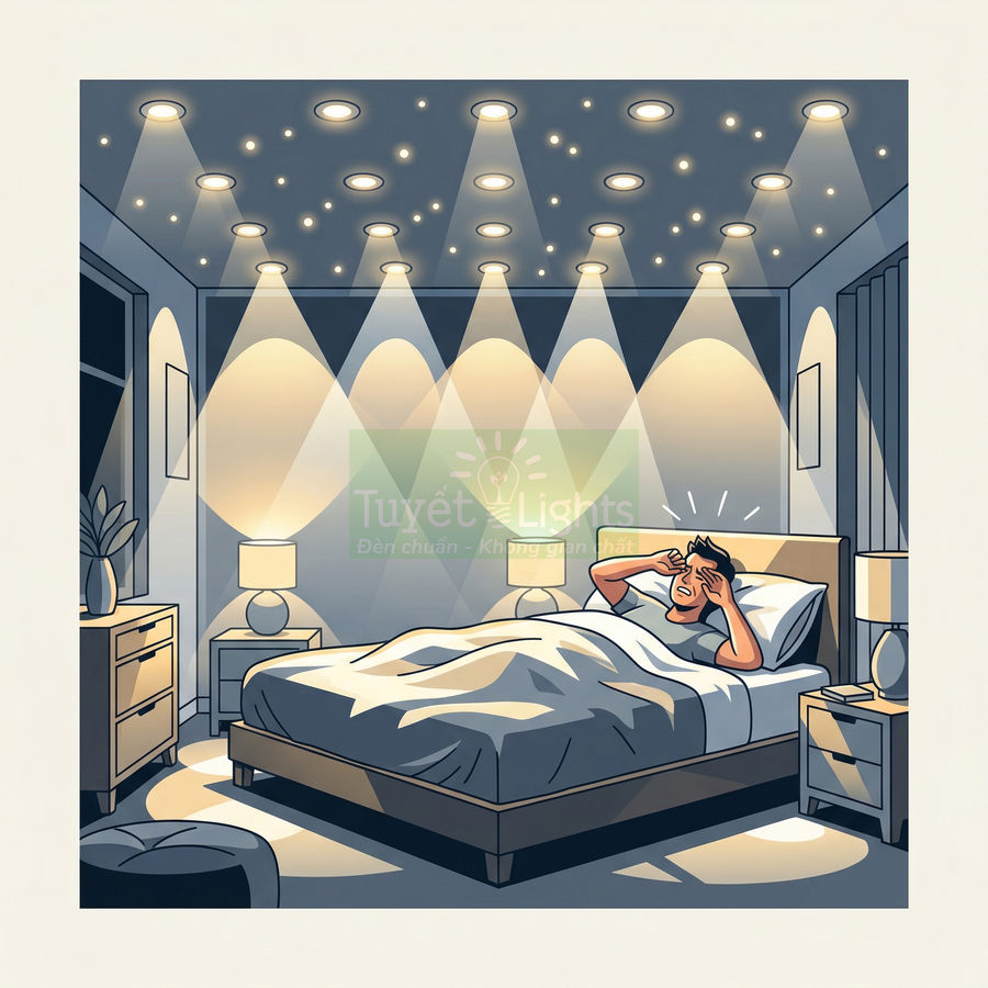 Đèn âm trần Tuyết Lights chiếu sáng mạnh trong phòng ngủ khiến người đàn ông trên giường khó chịu