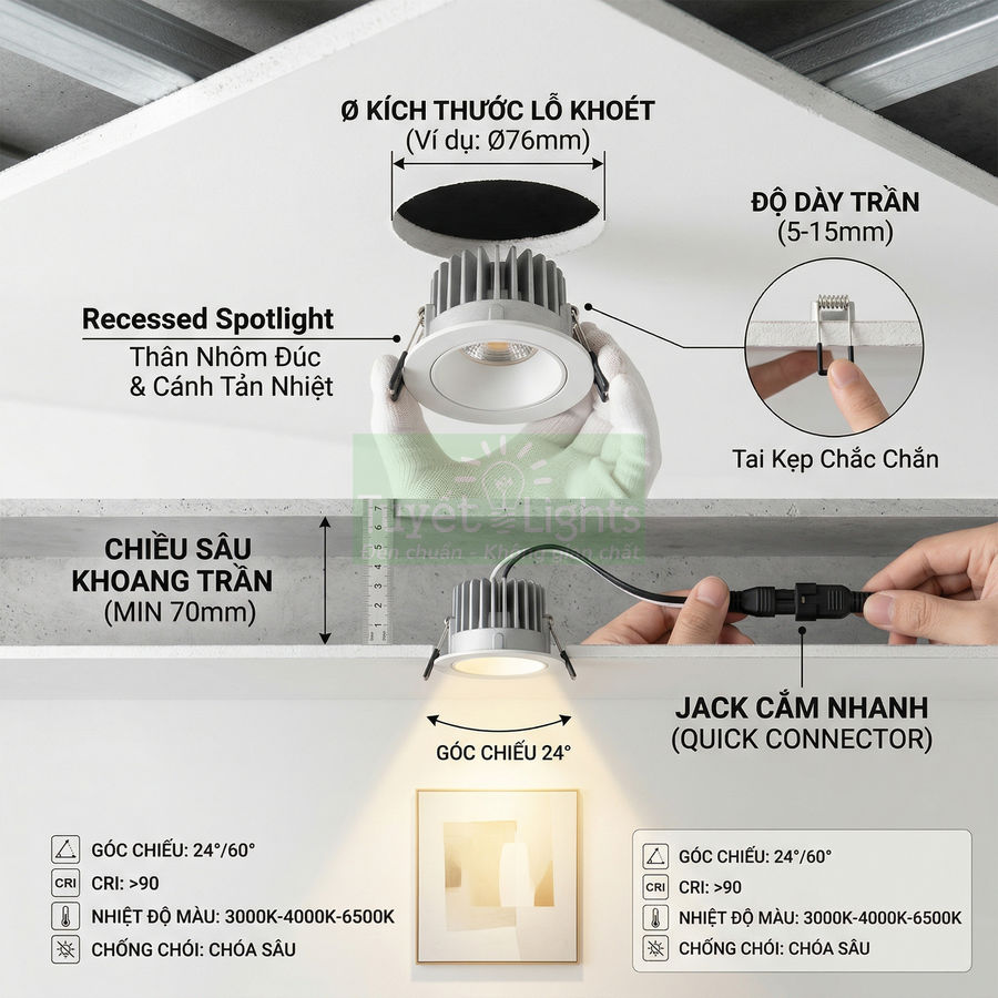 Đèn downlight âm trần nhôm đúc góc chiếu 24 độ, lắp đặt khoét lỗ trần với jack cắm nhanh