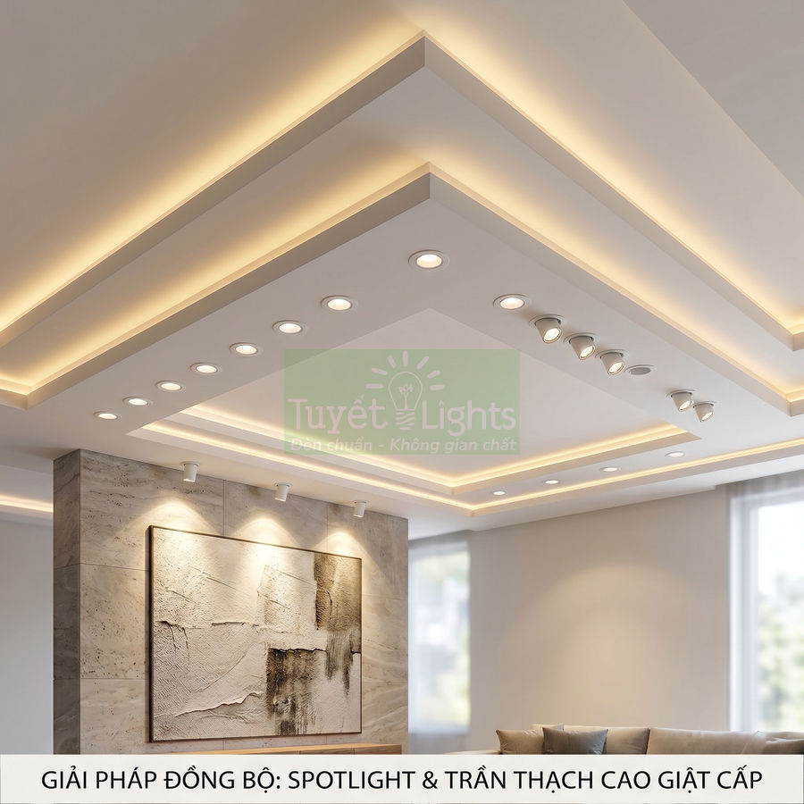 Trần thạch cao giật cấp lắp đèn spotlight âm trần Tuyết Lights chiếu sáng phòng khách hiện đại