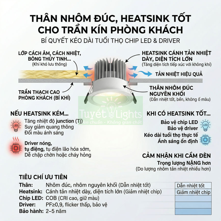 Đèn led âm trần nhôm đúc Tuyết Lights với heatsink tản nhiệt dày cho trần thạch cao phòng khách