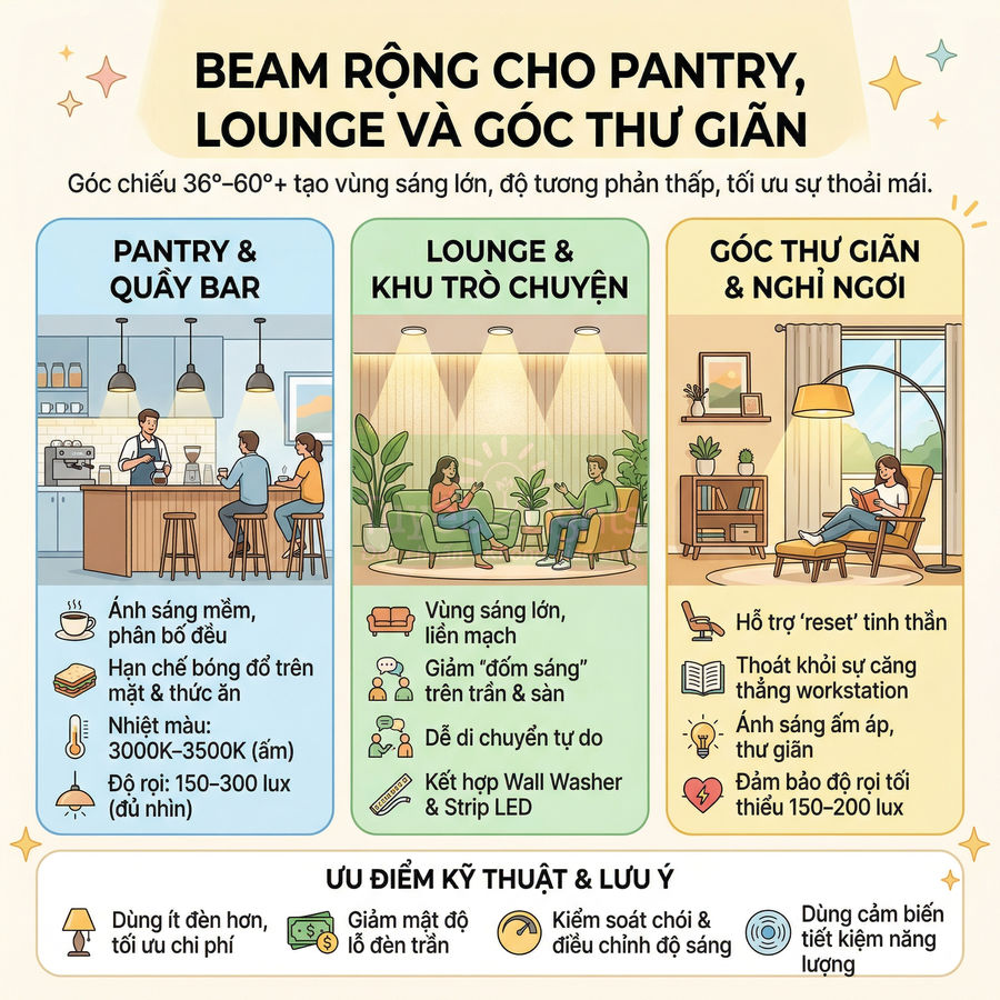 Minh họa giải pháp chiếu sáng beam rộng cho pantry, lounge và góc thư giãn trong không gian làm việc hiện đại