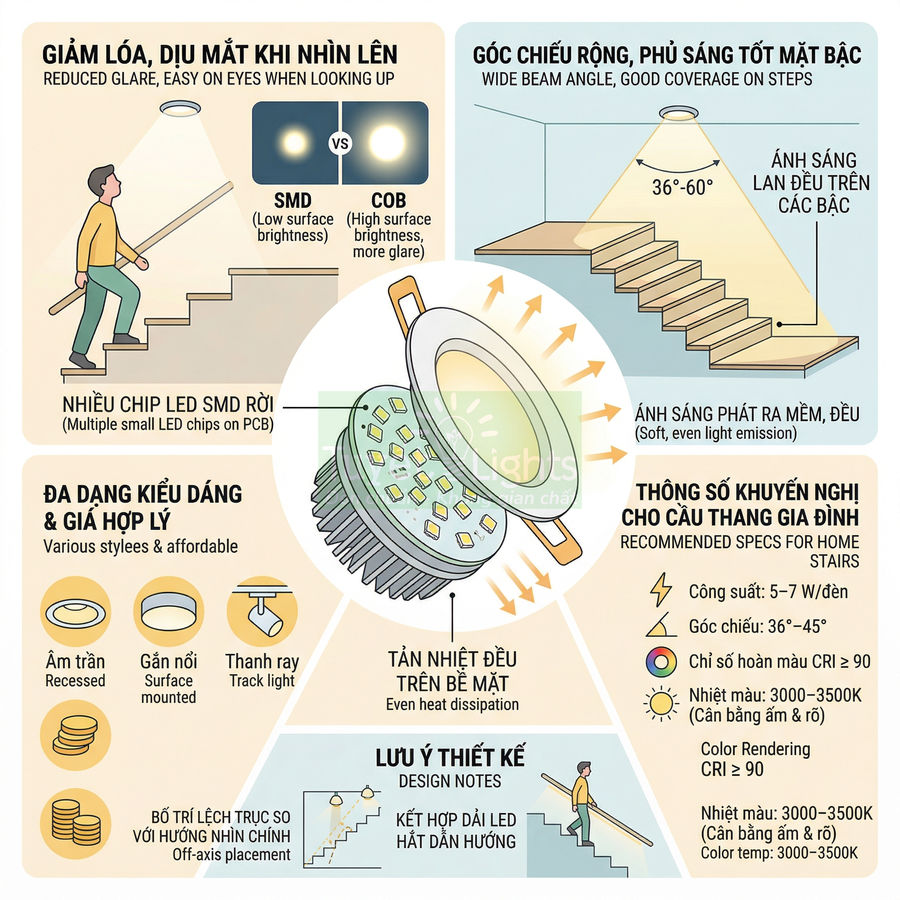 Đèn LED âm trần chiếu cầu thang, ánh sáng dịu chống chói, góc chiếu rộng và tản nhiệt đều, phù hợp dùng trong gia đình