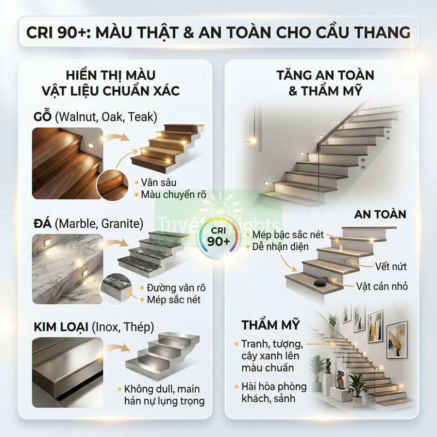 Đèn LED chiếu sáng bậc cầu thang CRI 90+ làm nổi bật vân gỗ, đá, kim loại và tăng an toàn khi di chuyển