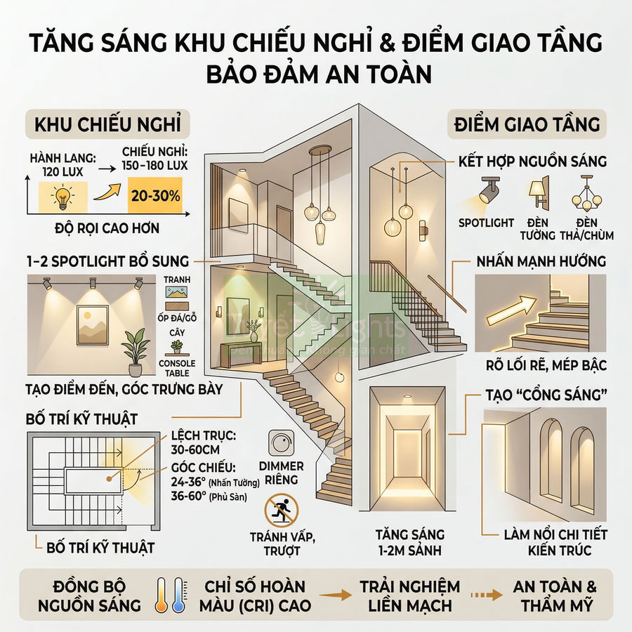 Minh họa giải pháp chiếu sáng cầu thang và sảnh bằng đèn âm trần, đèn tường, spotlight tăng an toàn và thẩm mỹ