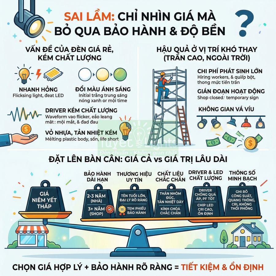 Infographic so sánh đèn LED giá rẻ kém chất lượng với đèn LED bảo hành dài hạn, nhấn mạnh độ bền và tiết kiệm lâu dài