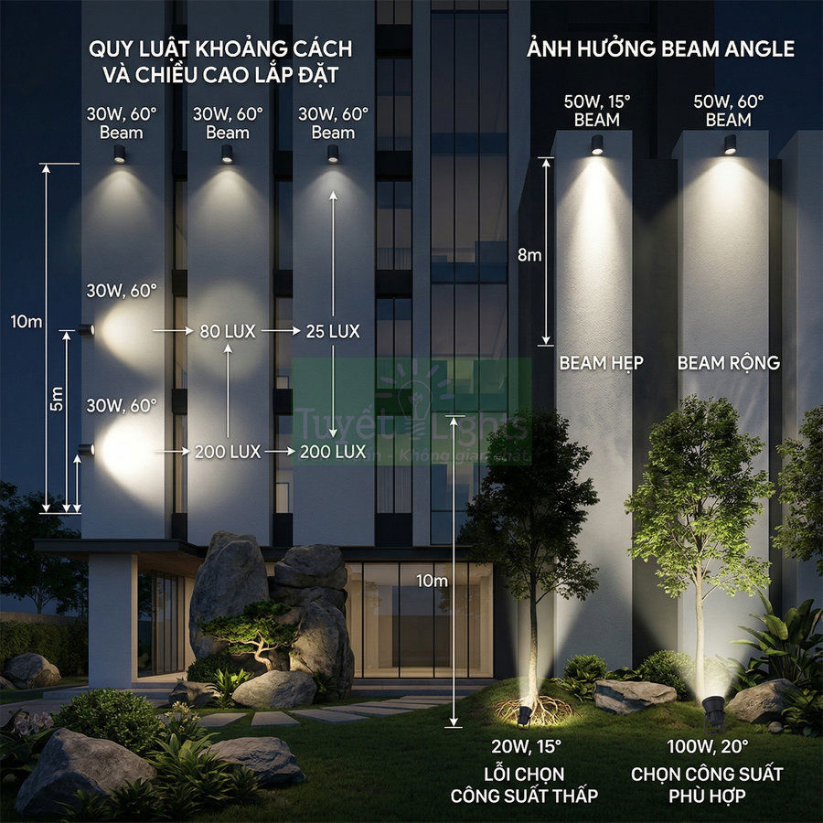 Đèn led chiếu điểm ngoài trời rọi tường và cây cảnh, minh họa khoảng cách lắp đặt và góc chiếu sáng
