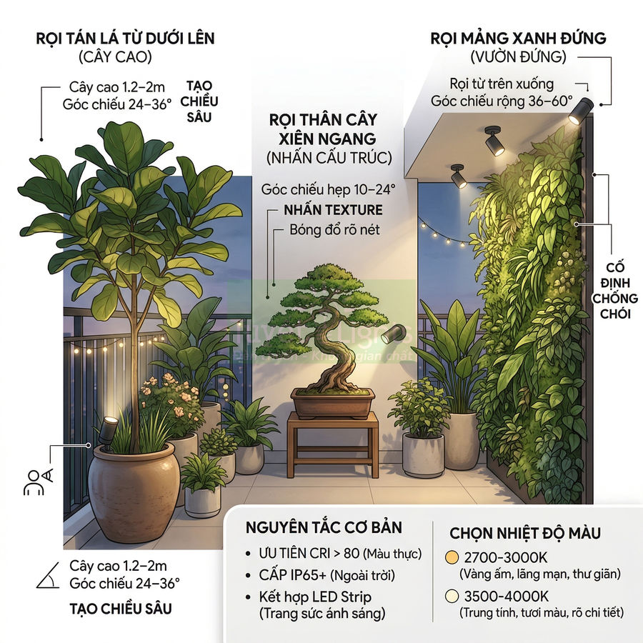 Đèn rọi sân vườn chiếu cây cảnh và mảng tường cây xanh ngoài ban công vào buổi tối