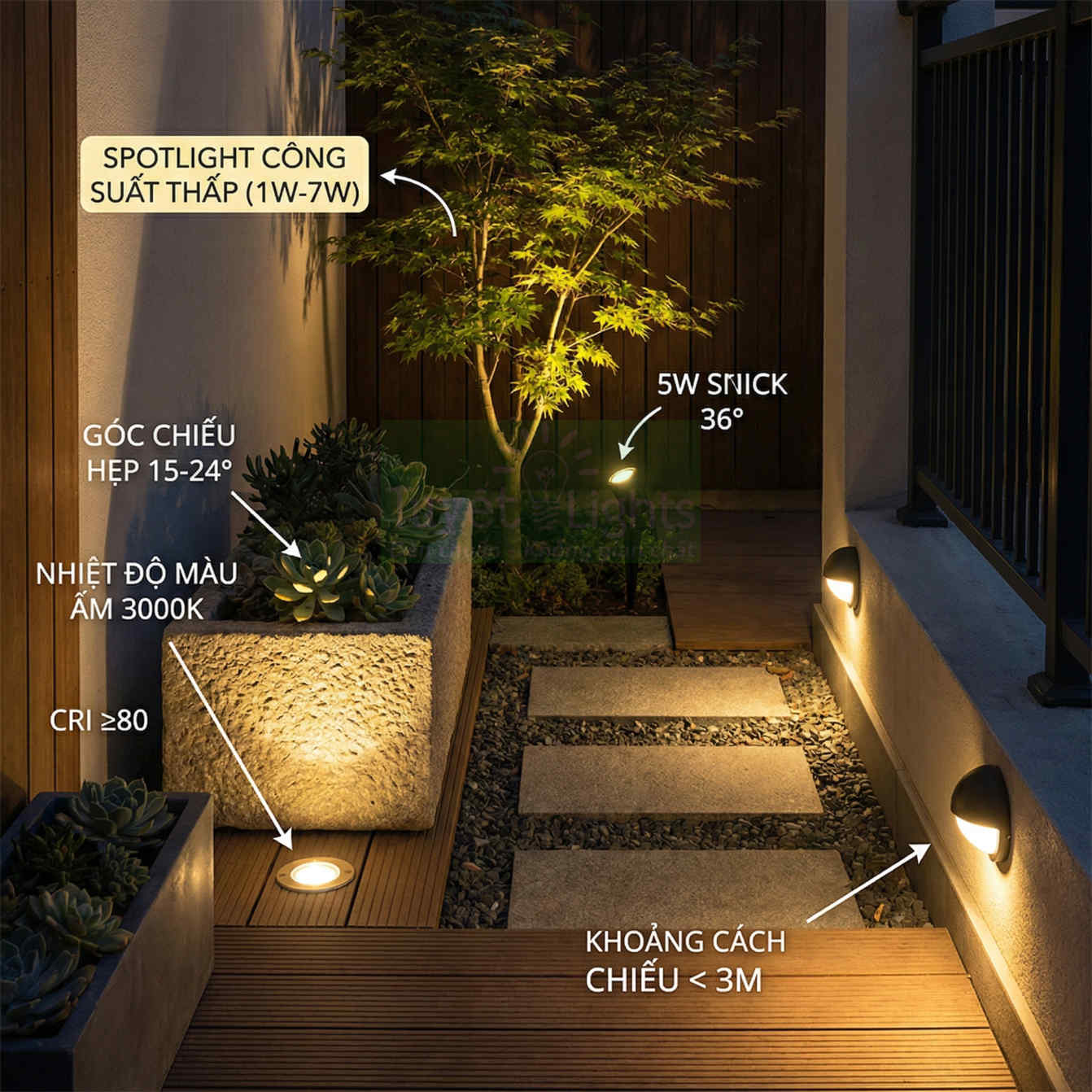 Đèn LED spotlight sân vườn công suất thấp chiếu sáng lối đi và cây cảnh với ánh sáng vàng ấm