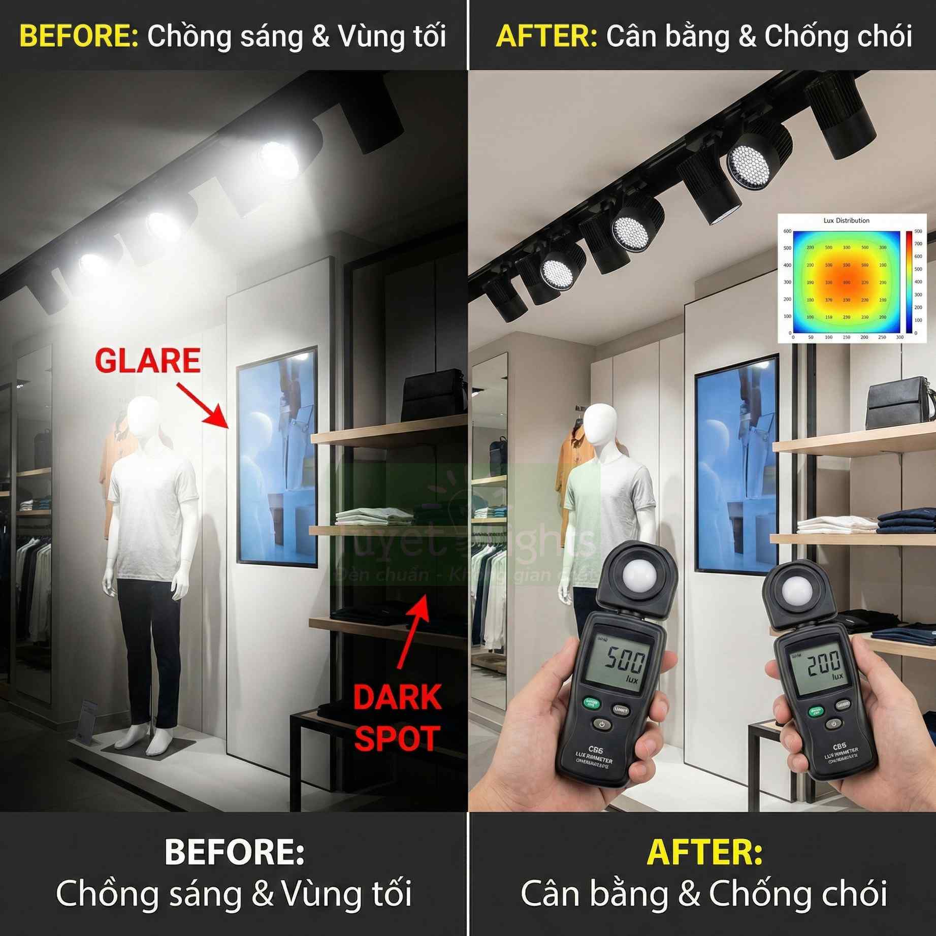So sánh hệ thống đèn rọi ray trước và sau khi chống chói, cân bằng ánh sáng cho cửa hàng thời trang