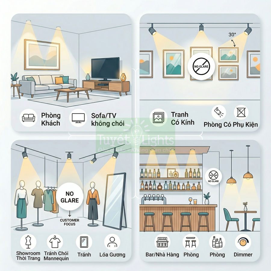 Đèn rọi ray chống chói chiếu sáng phòng khách, tranh treo tường, showroom thời trang và quầy bar nhà hàng