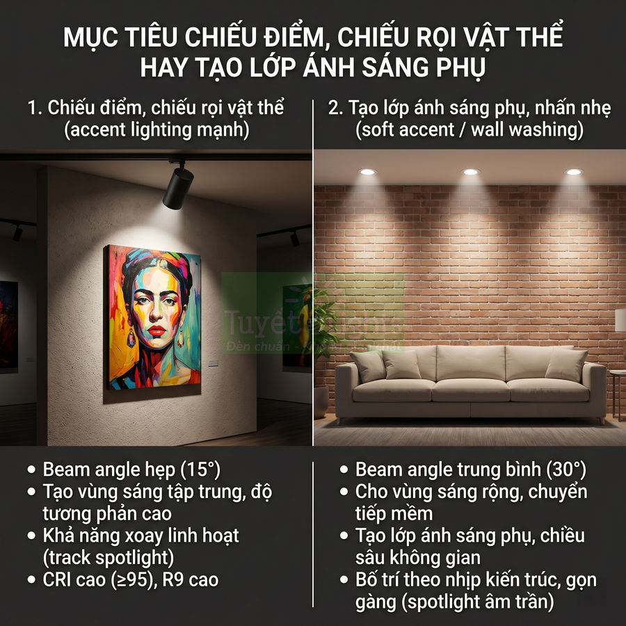 Đèn spotlight chiếu điểm và spotlight âm trần tạo lớp ánh sáng phụ cho tranh treo tường và sofa phòng khách