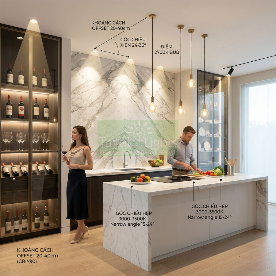 Đèn downlight và đèn thả trang trí chiếu sáng phòng bếp hiện đại với đảo bếp đá cẩm thạch