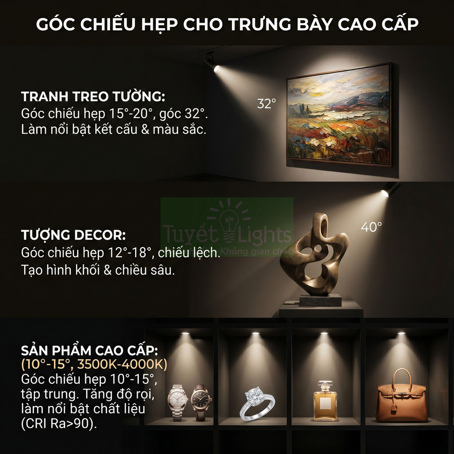 Đèn rọi góc chiếu hẹp chiếu tranh treo tường, tượng decor và tủ trưng bày đồng hồ, nhẫn, nước hoa, túi xách cao cấp