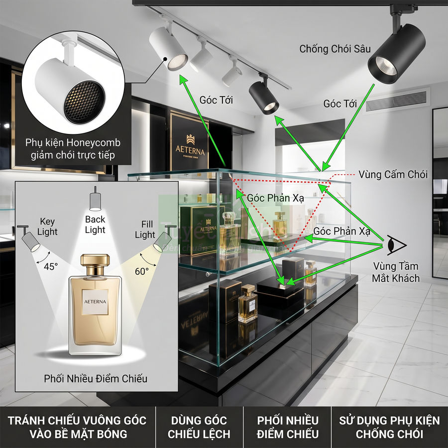 Đèn rọi ray chống chói chiếu sáng tủ trưng bày nước hoa Aeterna trong cửa hàng cao cấp