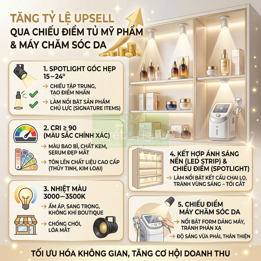 Tủ trưng bày mỹ phẩm và máy chăm sóc da được chiếu sáng spotlight làm nổi bật sản phẩm cao cấp