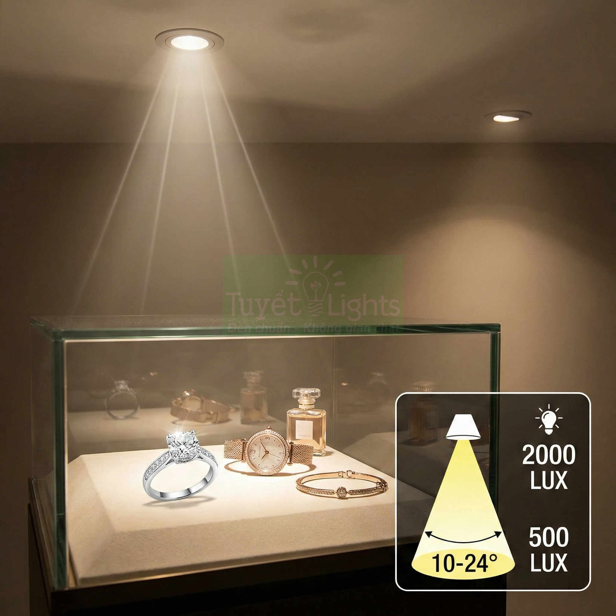 Đèn downlight chiếu điểm trưng bày nhẫn kim cương, đồng hồ, vòng tay và nước hoa trong tủ kính cao cấp