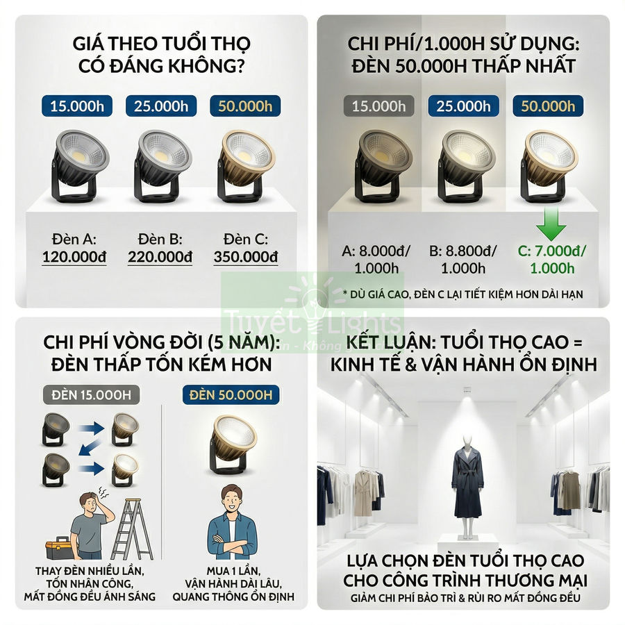 Infographic so sánh chi phí và tuổi thọ đèn LED 15000h, 25000h, 50000h cho công trình thương mại