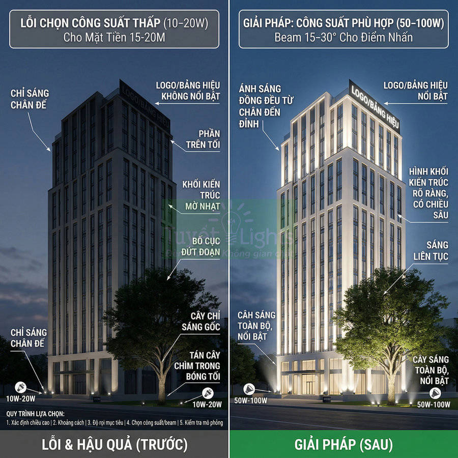 So sánh tòa nhà dùng đèn chiếu công suất thấp và đèn chiếu công suất cao 50 100W làm nổi bật kiến trúc ban đêm