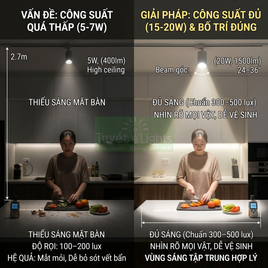 So sánh bếp dùng đèn âm trần công suất thấp và cao, minh họa độ sáng mặt bàn khi nấu ăn