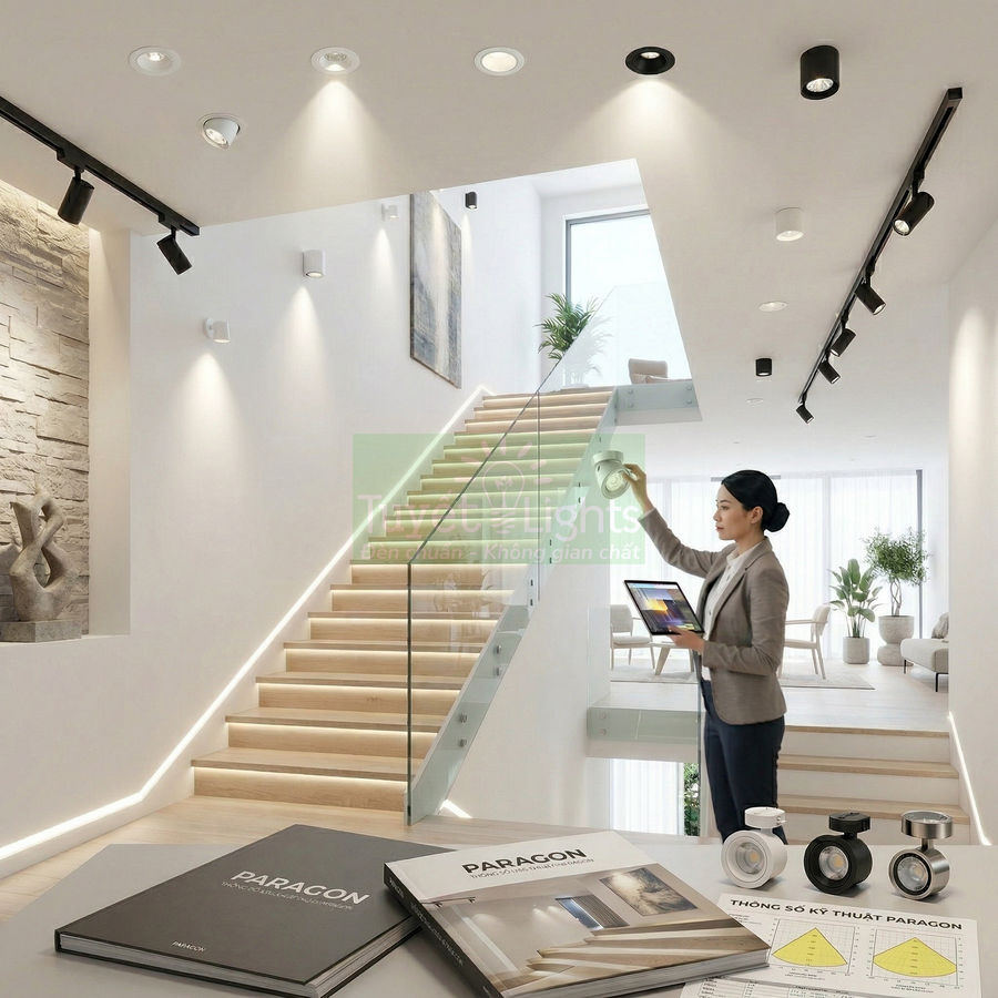 Đèn downlight Paragon lắp đặt trong không gian cầu thang hiện đại, nhân viên đang kiểm tra ánh sáng bằng máy tính bảng