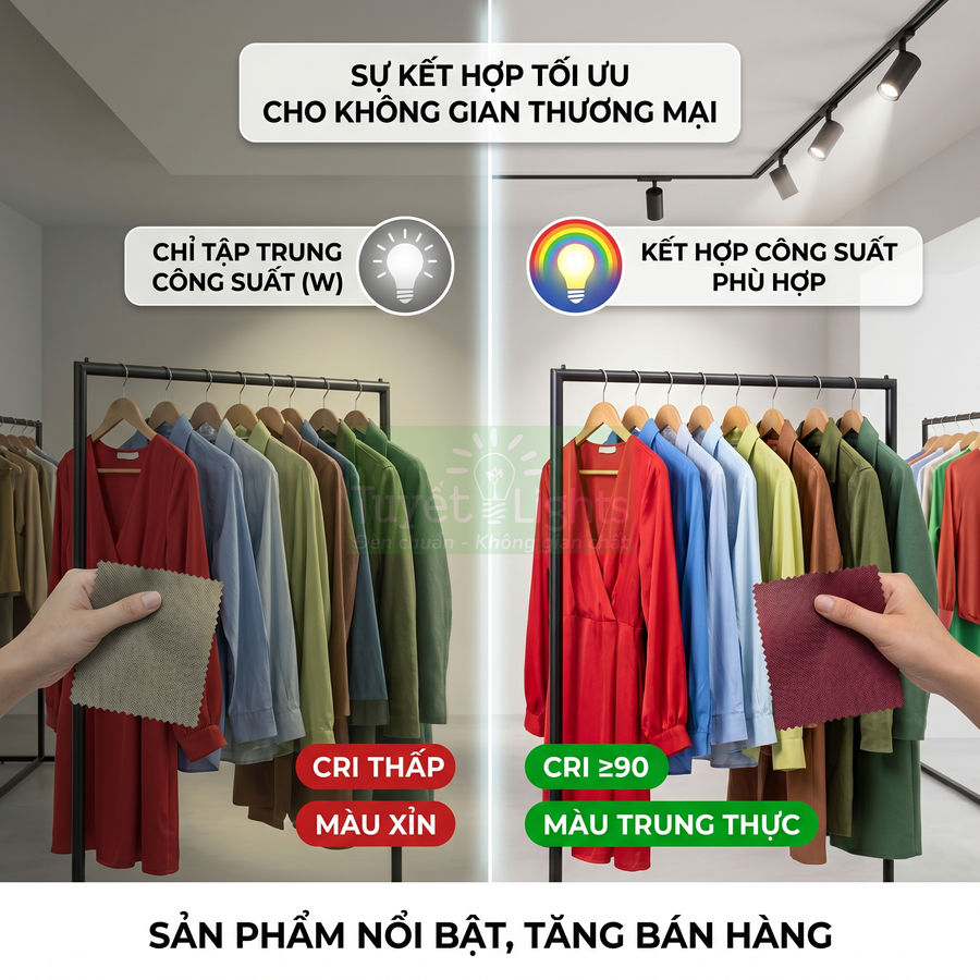 Đèn rọi LED CRI cao cho shop quần áo, giúp màu vải hiển thị trung thực và làm nổi bật sản phẩm trưng bày