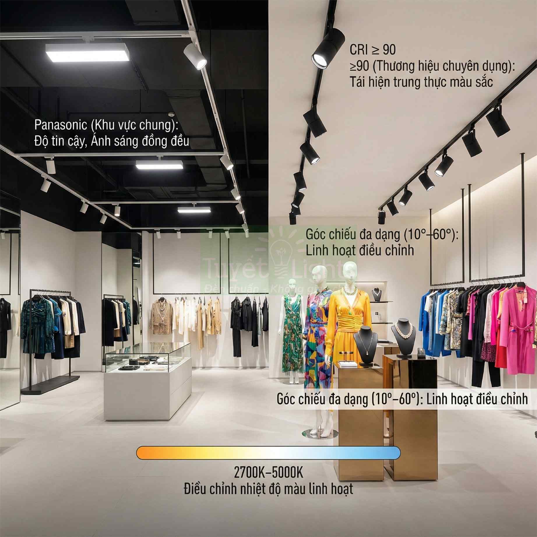 Đèn LED rọi ray Panasonic chiếu sáng cửa hàng thời trang, góc chiếu linh hoạt, điều chỉnh nhiệt độ màu 2700K 5000K