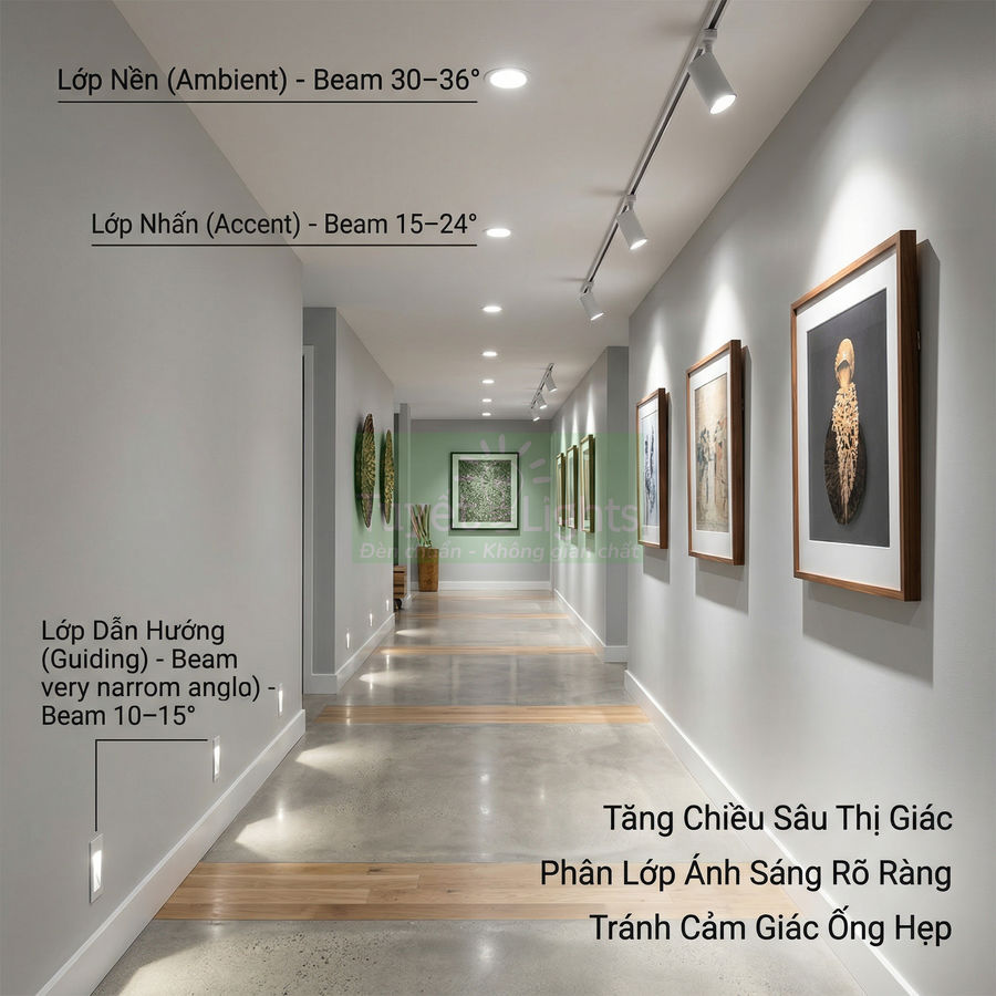 Hệ thống đèn LED âm trần và đèn rọi ray chiếu sáng hành lang treo tranh nghệ thuật