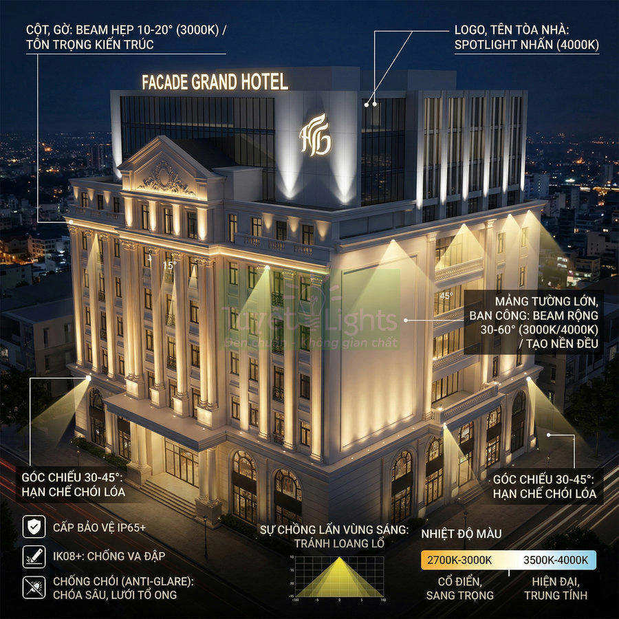 Hệ thống đèn LED chiếu sáng mặt tiền Facade Grand Hotel ban đêm, tạo hiệu ứng sang trọng
