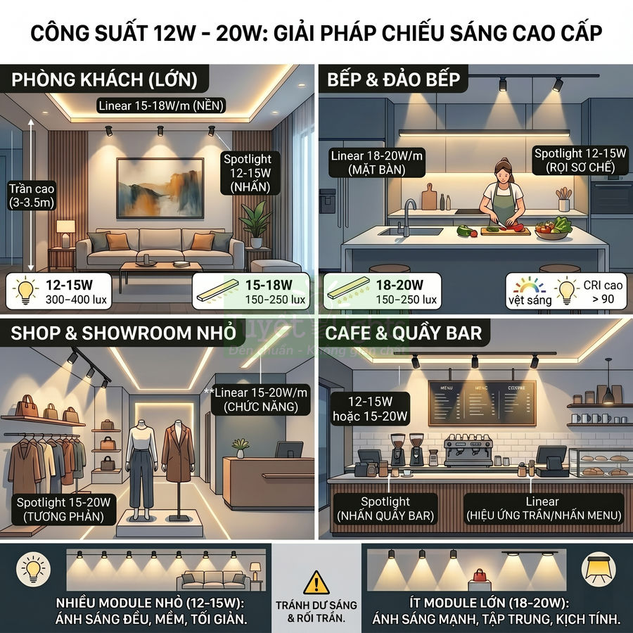 Infographic hướng dẫn chọn đèn LED 12W 20W cho phòng khách bếp shop cafe với spotlight và đèn linear chiếu sáng cao cấp