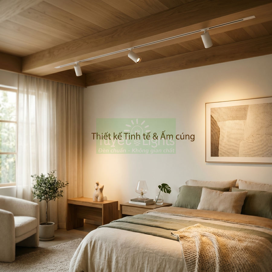 Đèn rọi ray trần phòng ngủ ánh sáng vàng tạo không gian ấm cúng và hiện đại