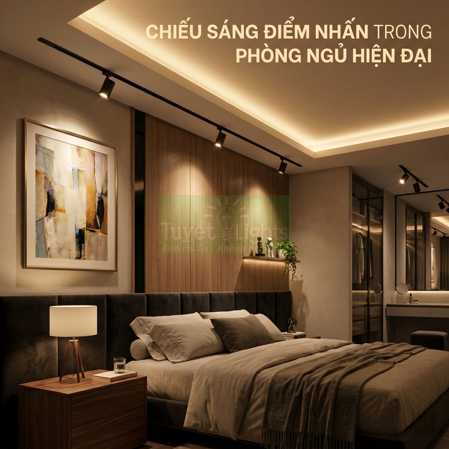 Đèn rọi ray Tuyết Lights chiếu sáng điểm nhấn cho phòng ngủ hiện đại, kết hợp đèn led hắt trần ấm áp