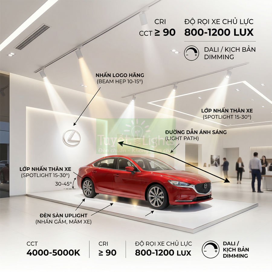 Xe Mazda màu đỏ trưng bày trong showroom với hệ thống đèn chiếu sáng hiện đại nhấn mạnh thân xe và logo
