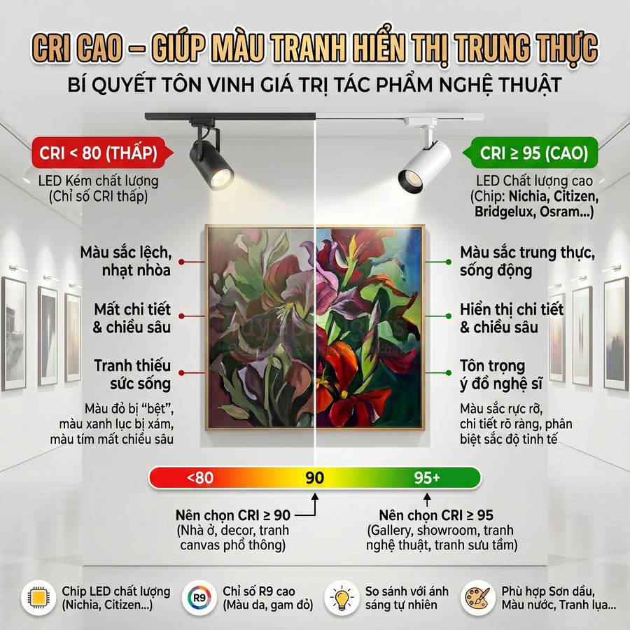 So sánh đèn LED CRI thấp và CRI cao chiếu tranh nghệ thuật, bên phải màu sắc trung thực sống động hơn