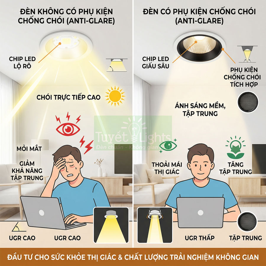 So sánh đèn âm trần thường và đèn âm trần chống chói Tuyết Lights khi làm việc với laptop