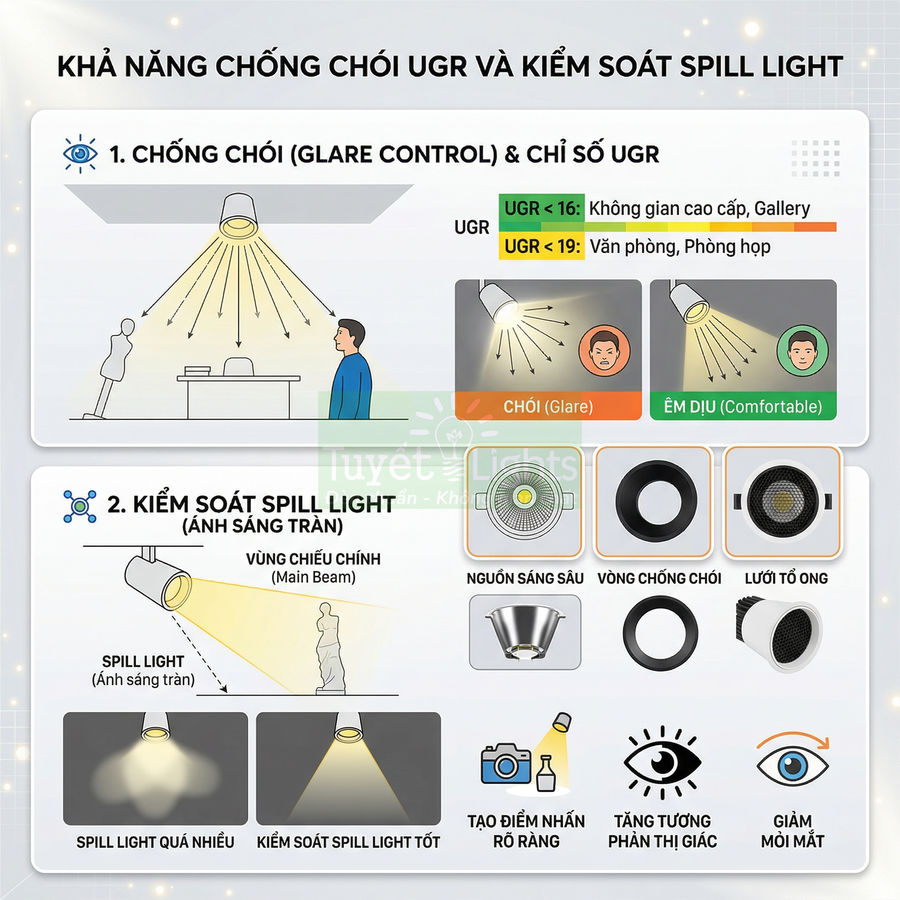 Đèn downlight chống chói UGR kiểm soát spill light, tạo vùng chiếu sáng tập trung và giảm chói mắt