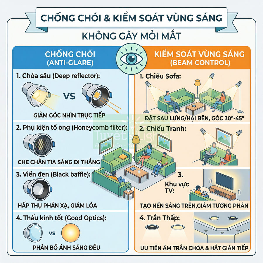 Infographic đèn LED âm trần chống chói và kiểm soát vùng sáng cho phòng khách, chiếu sofa, tranh và khu vực TV