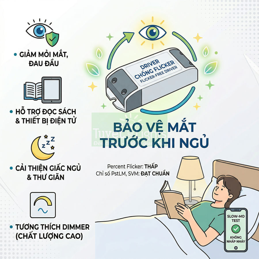 Driver chống nhấp nháy đèn LED bảo vệ mắt, hỗ trợ đọc sách, cải thiện giấc ngủ và giảm mỏi mắt trước khi ngủ