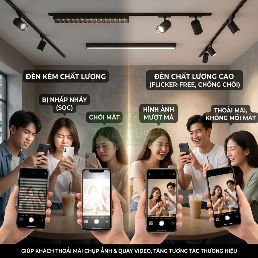 So sánh đèn LED kém chất lượng và đèn LED chống nhấp nháy giúp chụp ảnh quay video rõ nét, không chói mắt