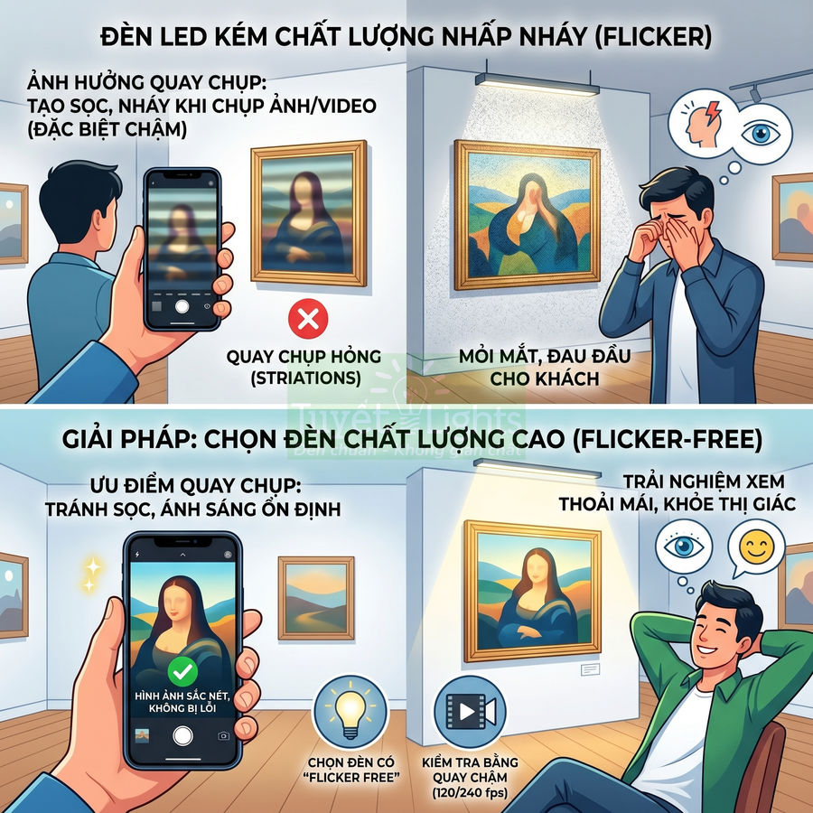 So sánh đèn LED nhấp nháy và đèn LED chống nhấp nháy khi chụp ảnh tranh trong phòng trưng bày