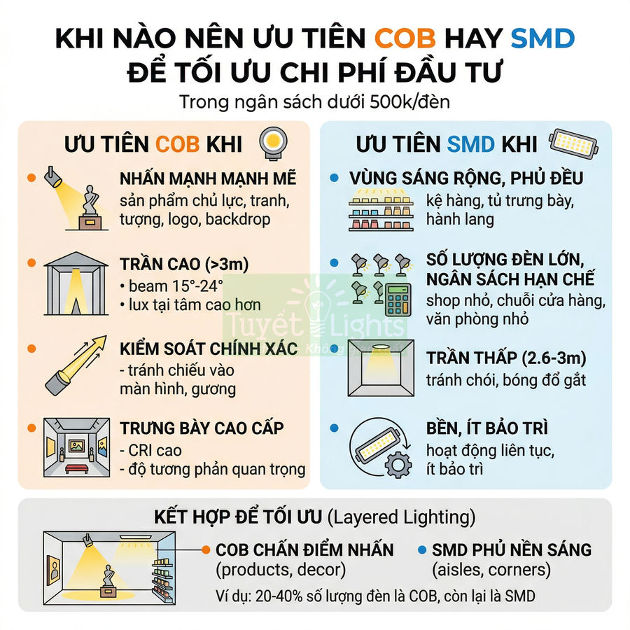 Infographic so sánh ưu điểm đèn LED COB và SMD, gợi ý cách chọn để tối ưu chi phí chiếu sáng