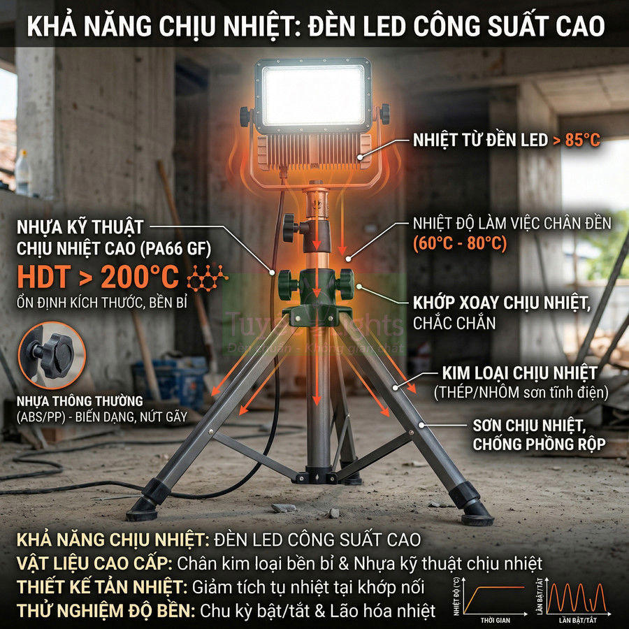Đèn LED công suất cao trên chân tripod kim loại chịu nhiệt dùng chiếu sáng công trình xây dựng