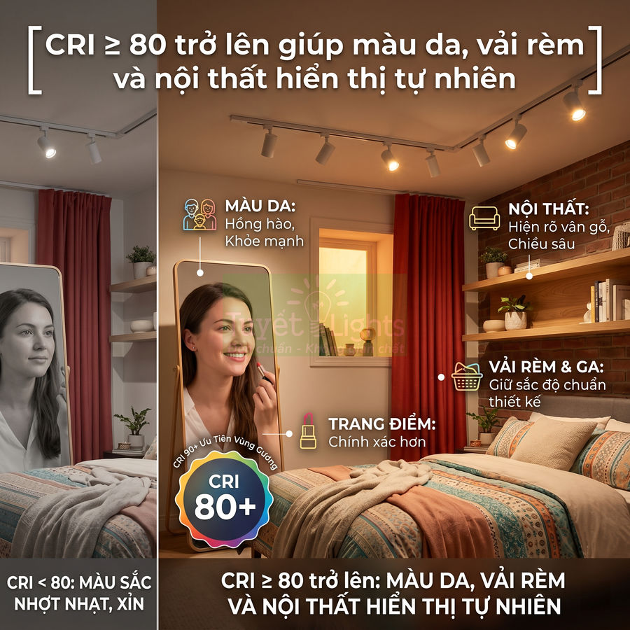 Đèn LED CRI 80+ chiếu sáng phòng ngủ, giúp màu da, rèm cửa và nội thất hiển thị tự nhiên, sống động