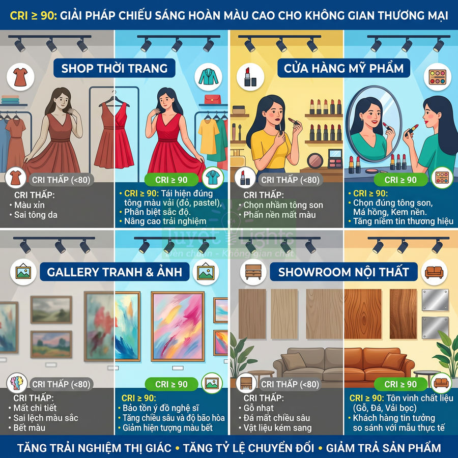 Infographic so sánh chất lượng chiếu sáng CRI cao và thấp cho shop thời trang, cửa hàng mỹ phẩm, gallery tranh và showroom nội thất