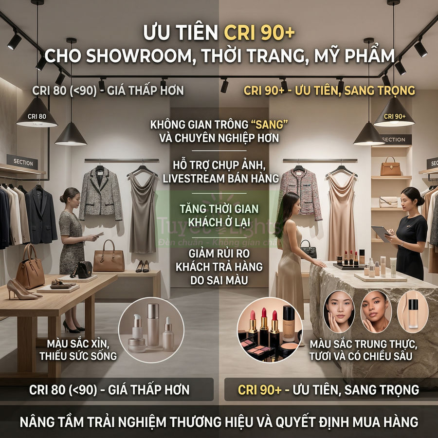 So sánh ánh sáng CRI 80 và CRI 90+ trong showroom thời trang mỹ phẩm, làm nổi bật sản phẩm và trải nghiệm mua sắm