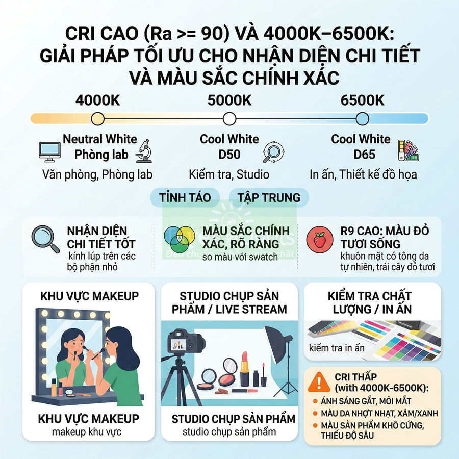 Infographic về đèn chiếu sáng CRI cao 4000K–6500K cho makeup, studio chụp sản phẩm và kiểm tra in ấn