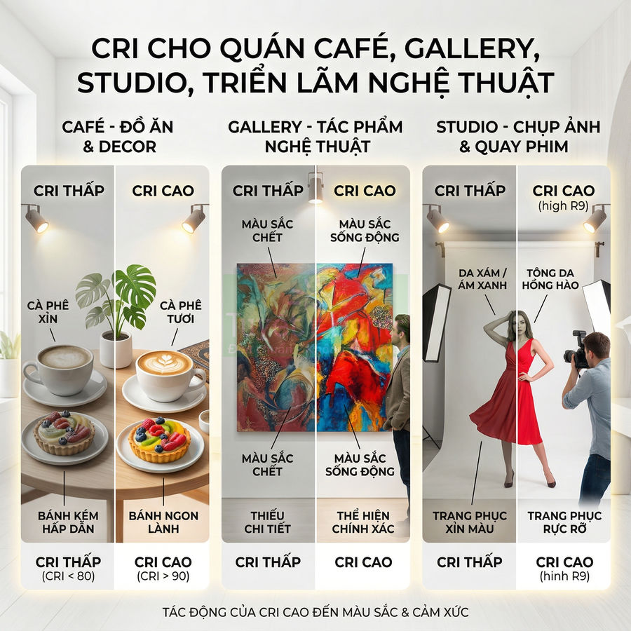 So sánh đèn LED CRI thấp và CRI cao cho quán cà phê, gallery nghệ thuật và studio chụp ảnh